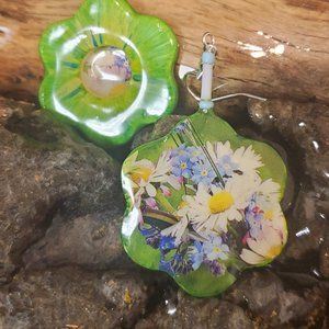 Daisy Green Flower Forget Me Not Double-sided Earrings